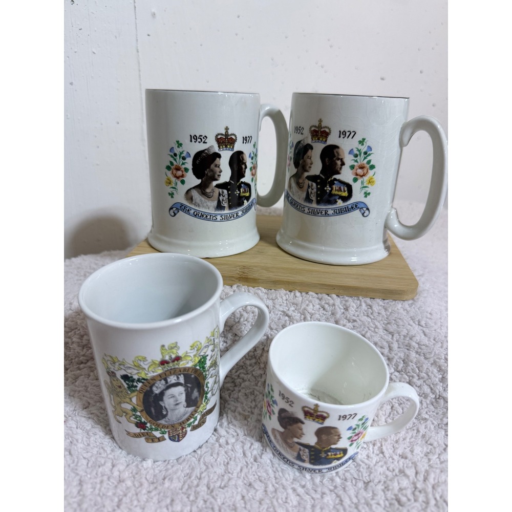 Winalex Queen Elizabeth II Jubilee Mug Set 4pc White Bone China Vintage Royal